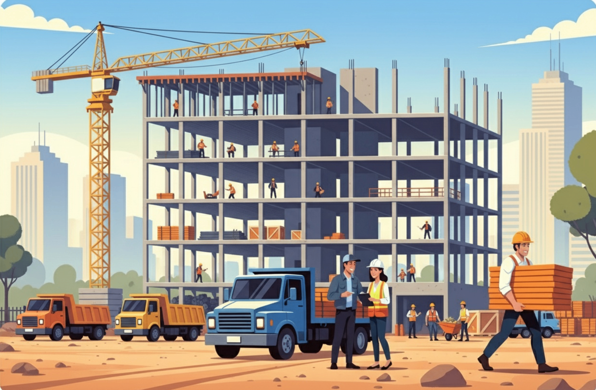 Construction workers moving building materials on a busy construction site with cranes and scaffolding in the background, conveying a sense of teamwork and efficiency. The environment is modern and organized. The image includes the baudrop logo and the text Materiallogistik für Baustellen on demand.